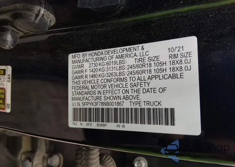 2022 Honda Ridgeline Rtl-E z USA, uszkodzony, nr VIN 5FPYK3F78NB001867